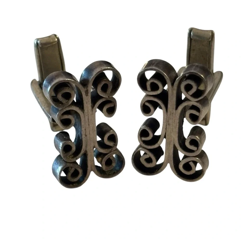 VTG‎ Taxco Mexico Cufflinks Sterling Silver 925 Unique Open Scroll Loop Design